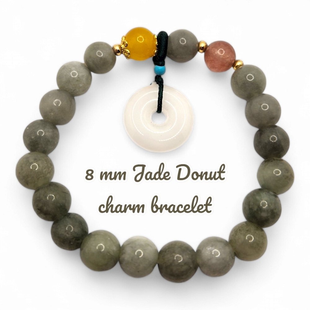 8mm Jade Bracelet with White Jade Donut Charm, Strawberry Quartz, and Agate